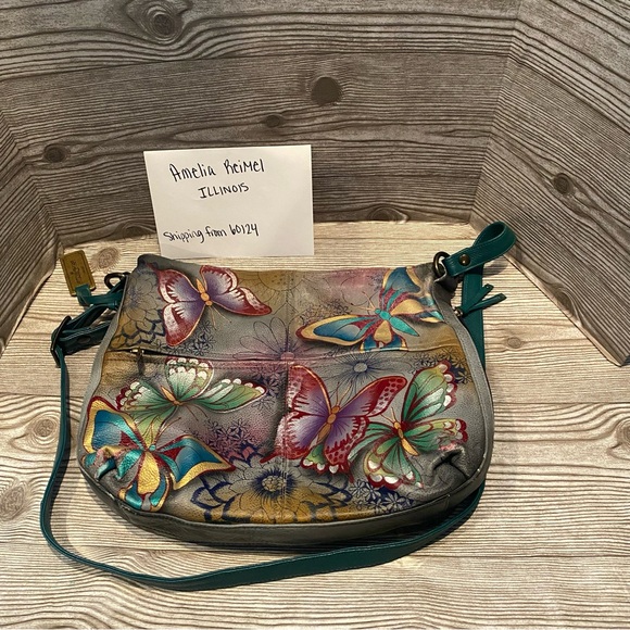 Used Anuschka Butterfly Paradise Large Crossbody Hobo Purse - Picture 6 of 14